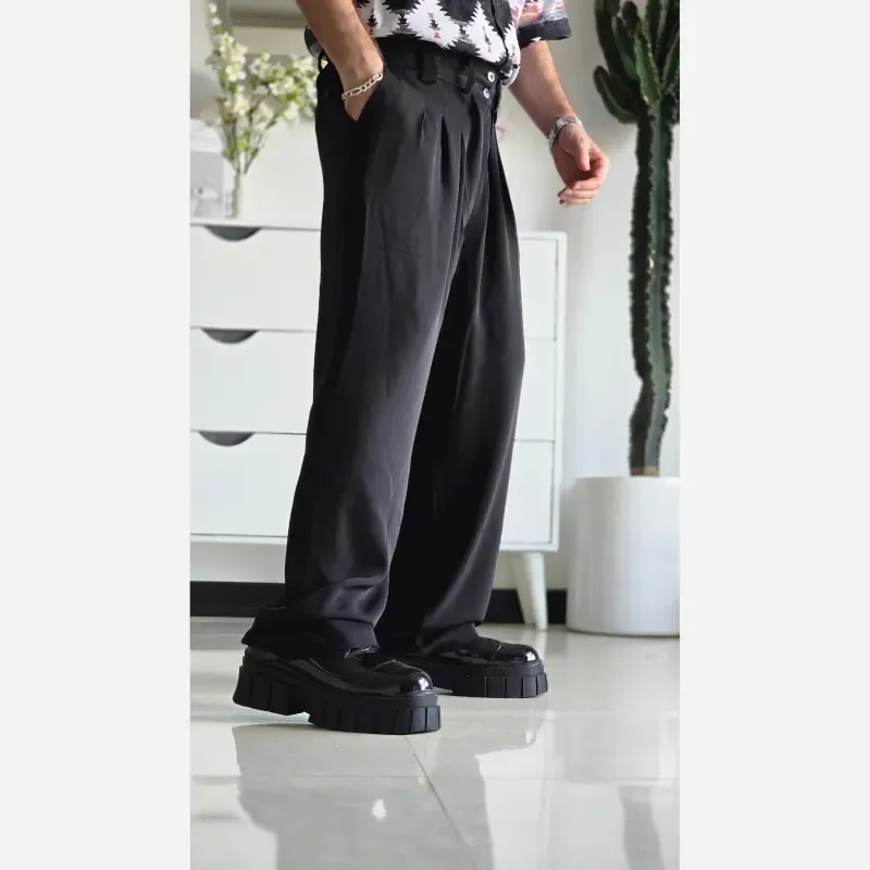 شلوار بگ پارچه ای زنانه مدل پیله دار جنس کاترین رنگ مشکی سایز L تا 3XL - تصویر 5