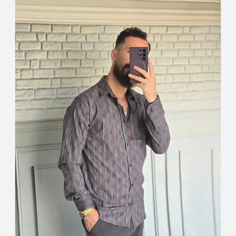 پیراهن آستین بلند مردانه نخی سایز M تا XXL رنگی - تصویر 7