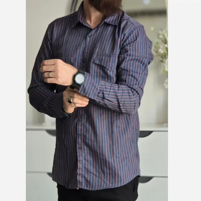 پیراهن جین آستین بلند دو جیب مردانه پارچه جین کاغذی کشی سایز M تا XXL - تصویر 3