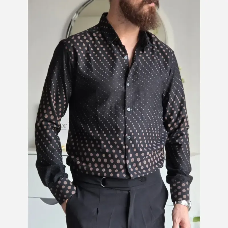 پیراهن مشکی مردانه آستین بلند طرح دار پارچه سارینا سایز M تا XXL - تصویر 4