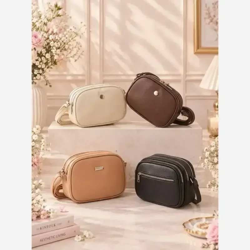 کیف سالی سه خانه مشکی شکلاتی کرم نسکافه ای سایز 22 در 15 - تصویر 3
