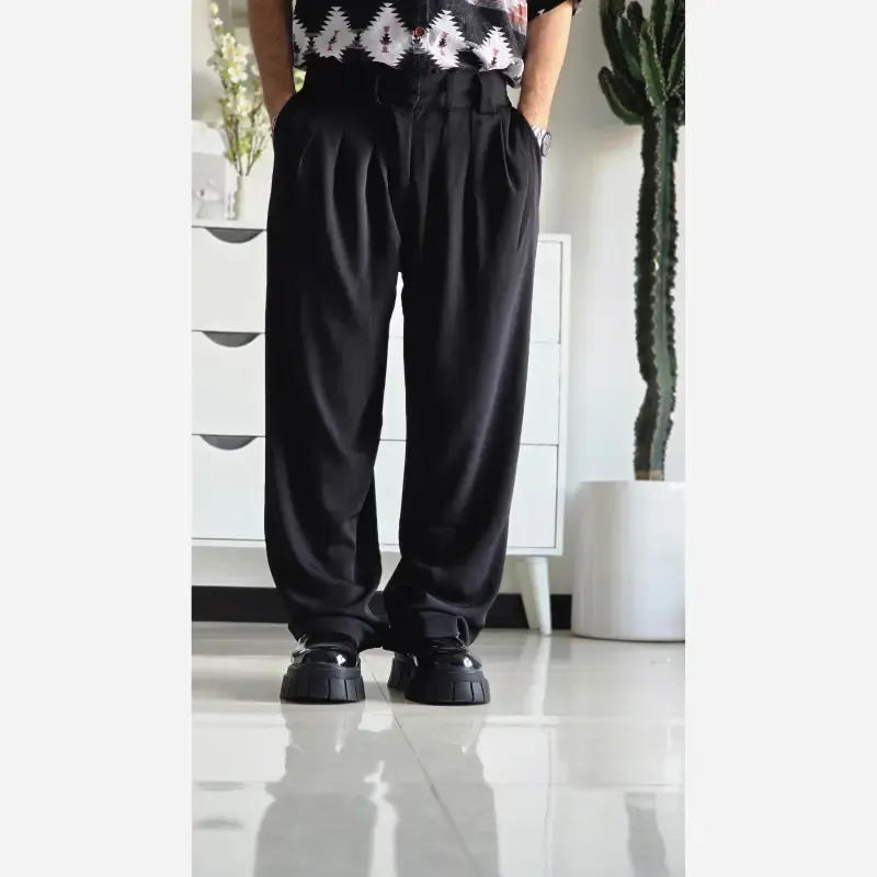 شلوار بگ پارچه ای زنانه مدل پیله دار جنس کاترین رنگ مشکی سایز L تا 3XL - تصویر 4