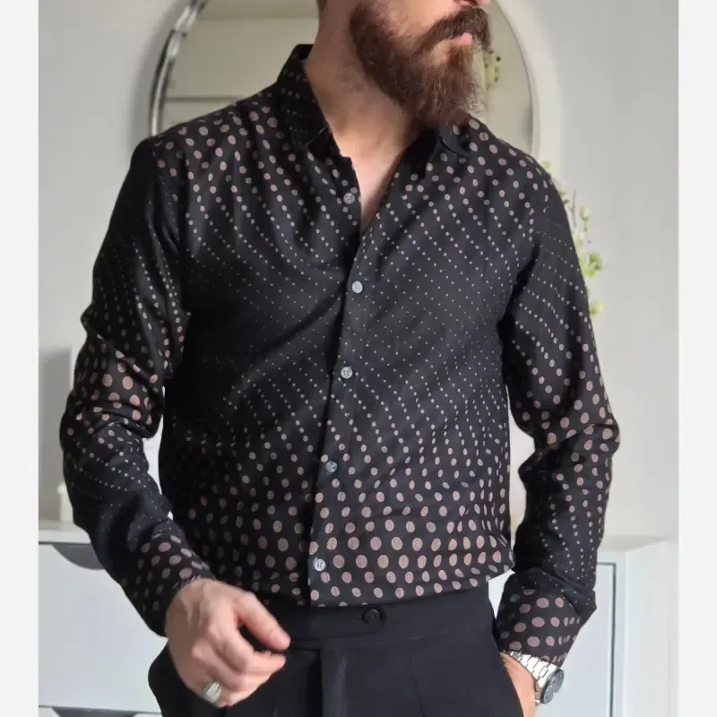 پیراهن مشکی مردانه آستین بلند طرح دار پارچه سارینا سایز M تا XXL - تصویر 3