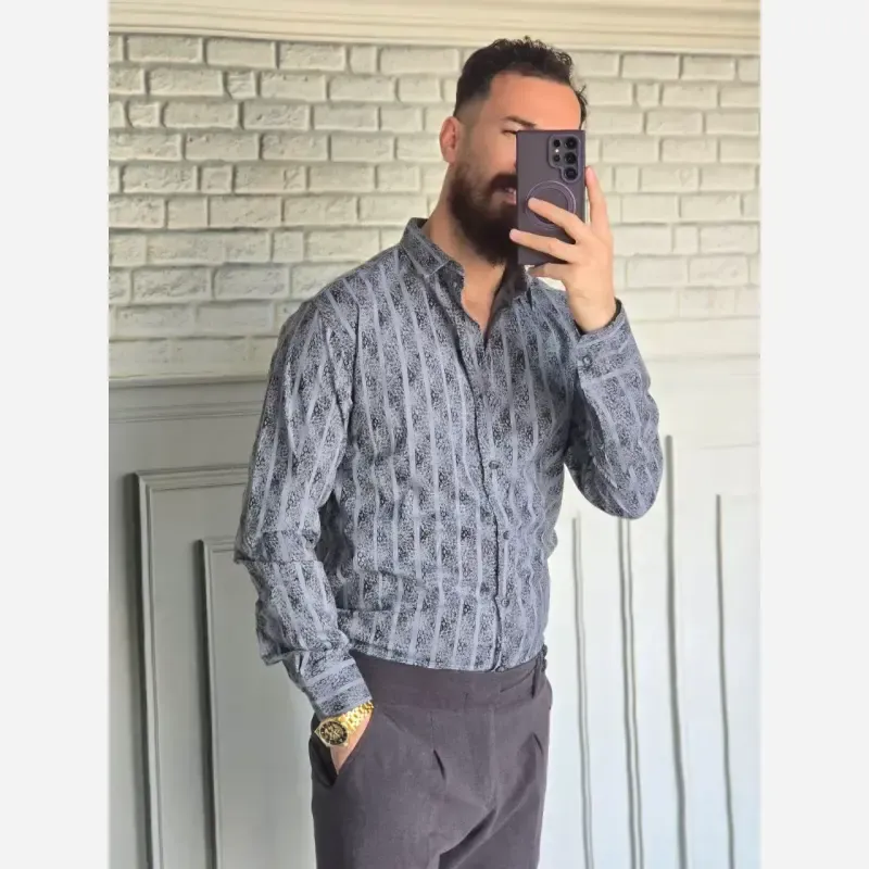 پیراهن مردانه آستین بلند راه راه ابروبادی سارینا سایزبندی M L XL XXL - تصویر 3