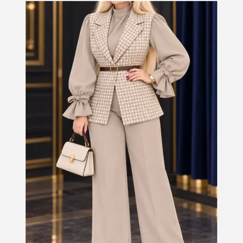 ست چهار تکه زنانه مدل ربکا وست پشمی شومیز و شلوار کرپ سوپر دبل باربی کجراه - تصویر 4