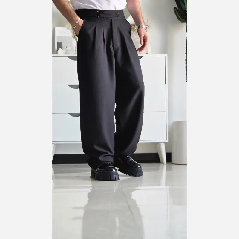 شلوار بگ پارچه ای کجراه مشکی کمر ایتالیایی سایز L تا 3XL - تصویر 7