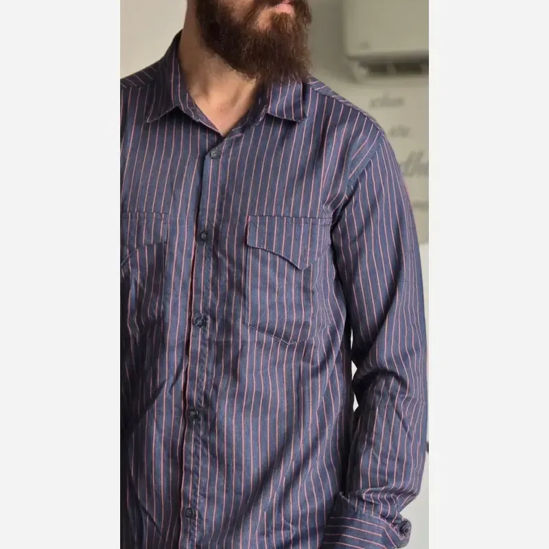 پیراهن جین آستین بلند دو جیب مردانه پارچه جین کاغذی کشی سایز M تا XXL - تصویر 6