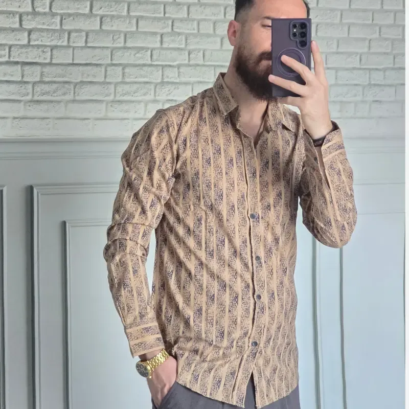 پیراهن آستین بلند مردانه نخی سایز M تا XXL رنگی - تصویر 5