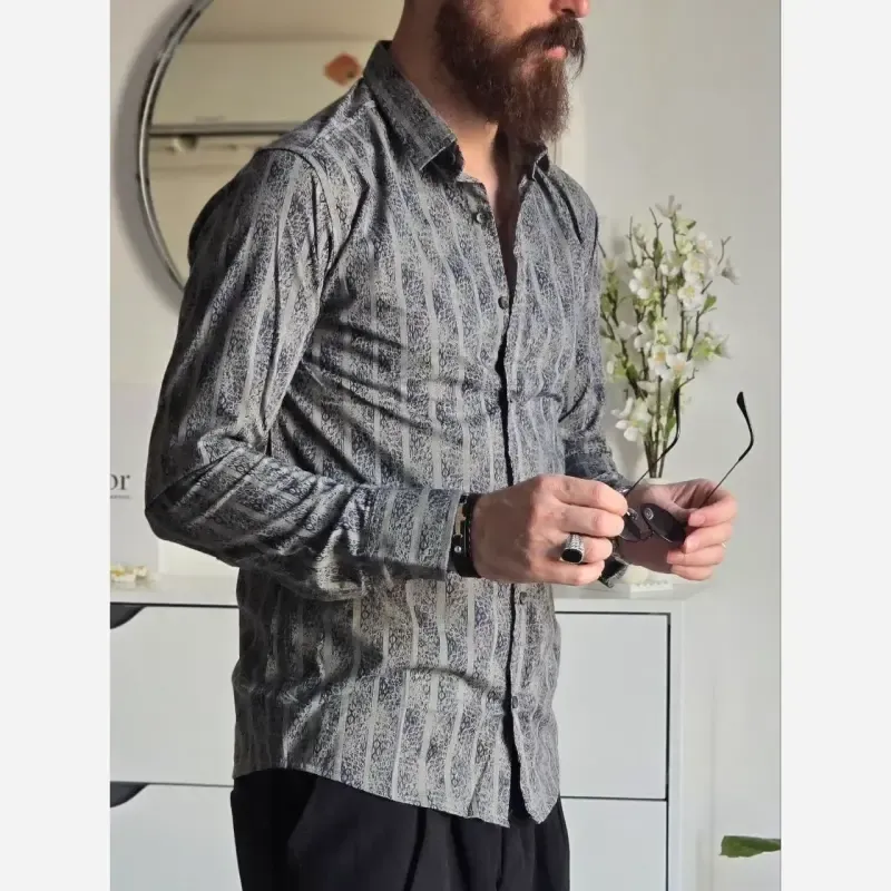 پیراهن مردانه آستین بلند راه راه ابروبادی سارینا سایزبندی M L XL XXL - تصویر 2
