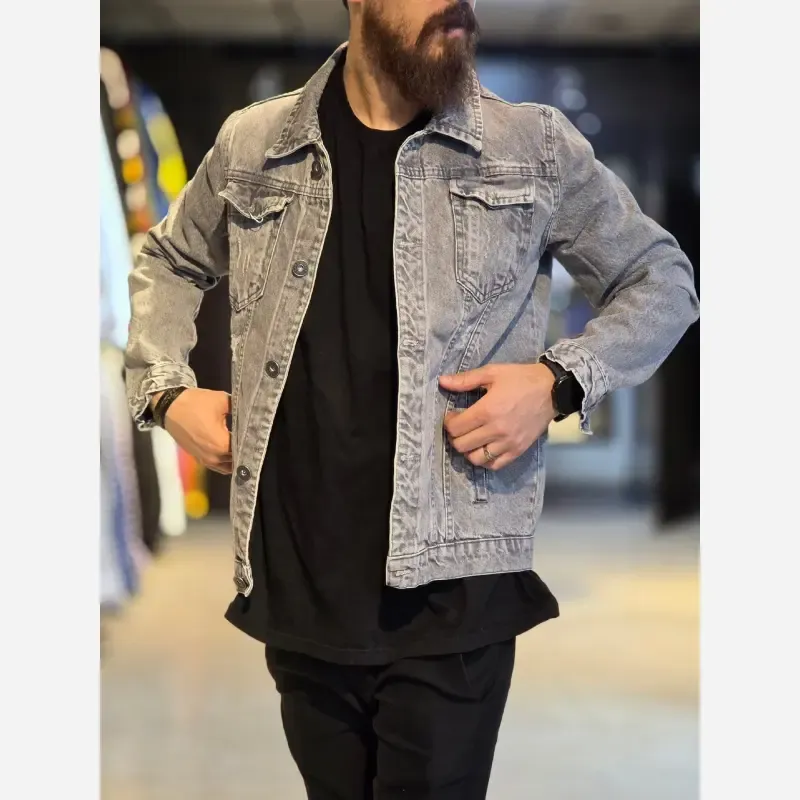 کت جین مردانه رنگ ذغالی پارچه ترک بدون کش و سنگین - تصویر 4