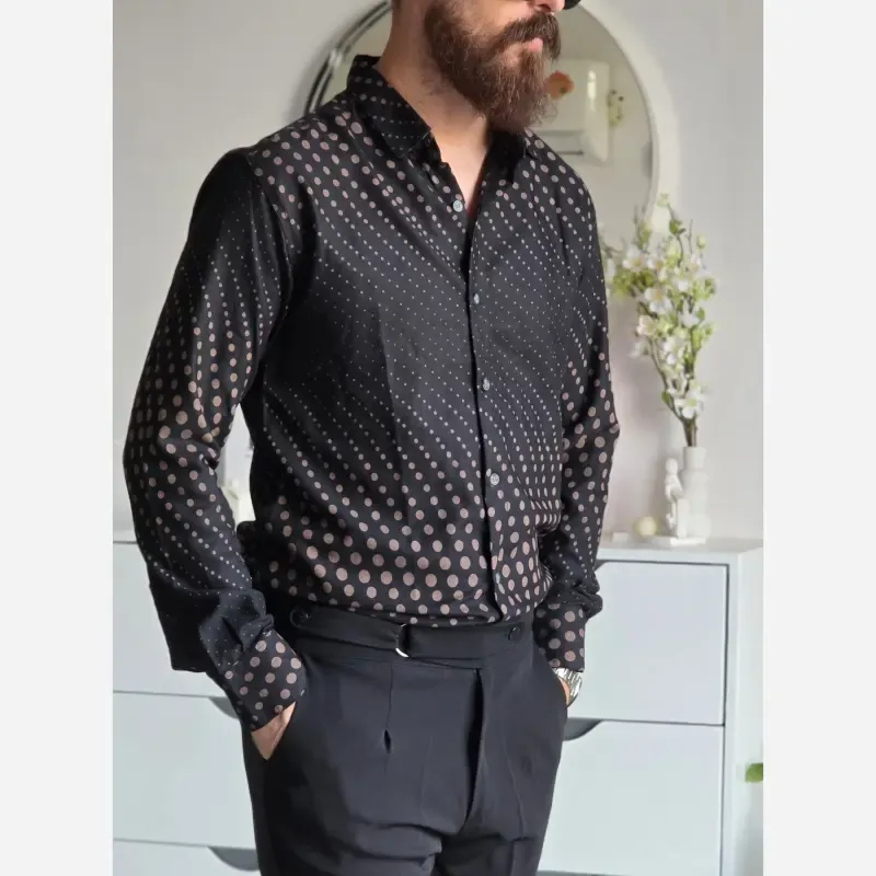 پیراهن مشکی مردانه آستین بلند طرح دار پارچه سارینا سایز M تا XXL - تصویر 2
