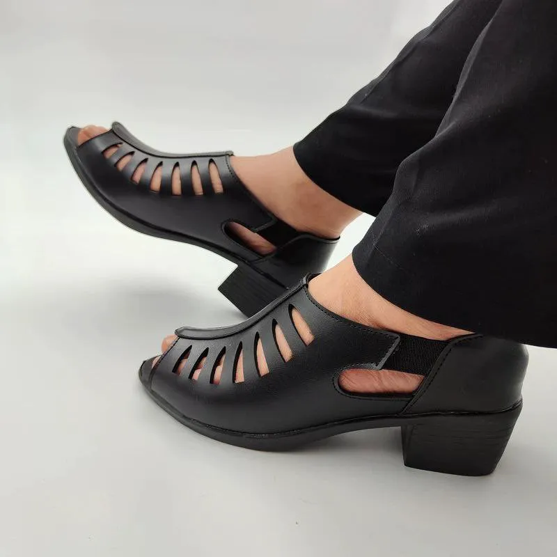صندل طبی زنانه چرم پاشنه 5 سانت مدل حصیری - تصویر 4